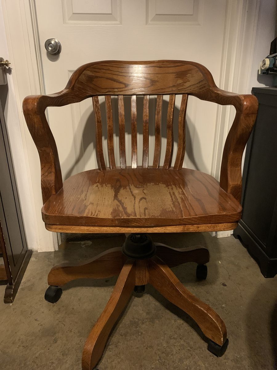 Vintage Wooden Rolling Office Chair with Armrests