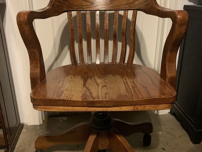 Vintage Wooden Rolling Office Chair with Armrests