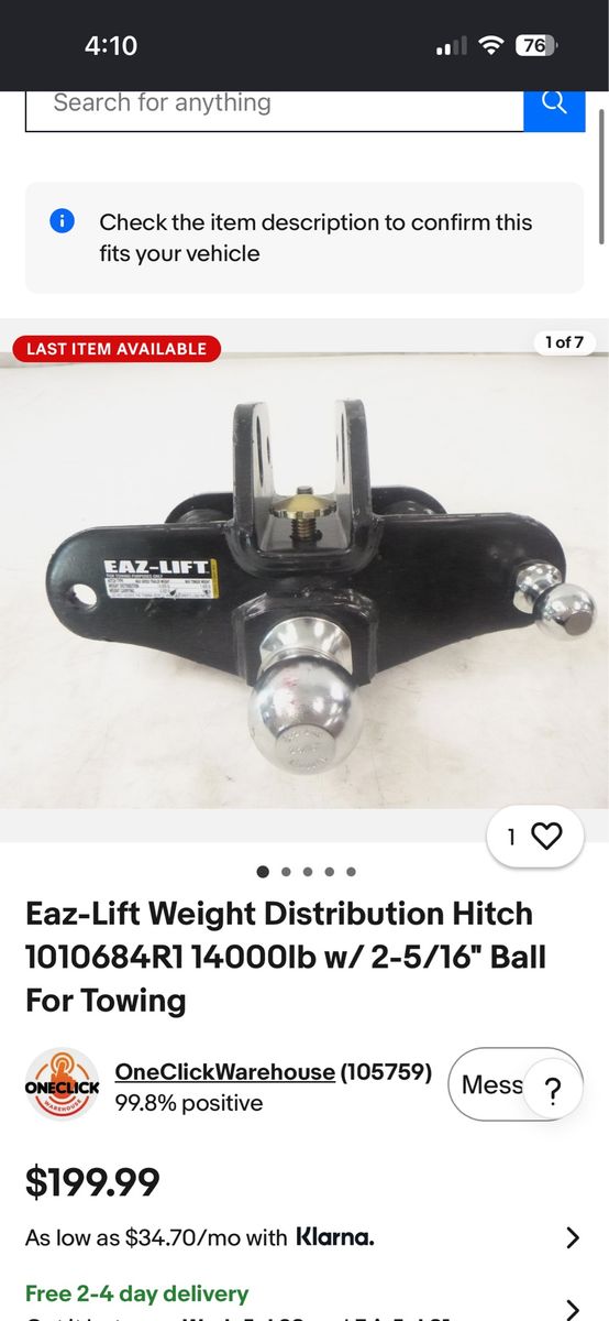 NEW ! Eaz-Lift Weight Distribution Hitch Ball Mount Assembly 14000lb w/ 2-5/16" Ball.  Paid $120