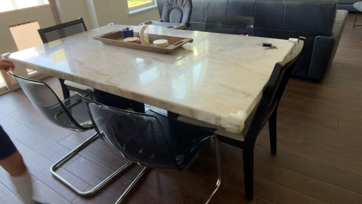 Modern Marble Dining Table - 70"x42" White/Beige Marble Top, Black Base