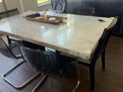 Modern Marble Dining Table - 70"x42" White/Beige Marble Top, Black Base