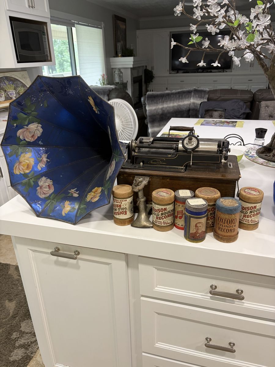 Antique Thomas Edison Phonograph with Blue Horn & Cylinder Records (1904-1908)