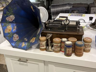 Antique Thomas Edison Phonograph with Blue Horn & Cylinder Records (1904-1908)