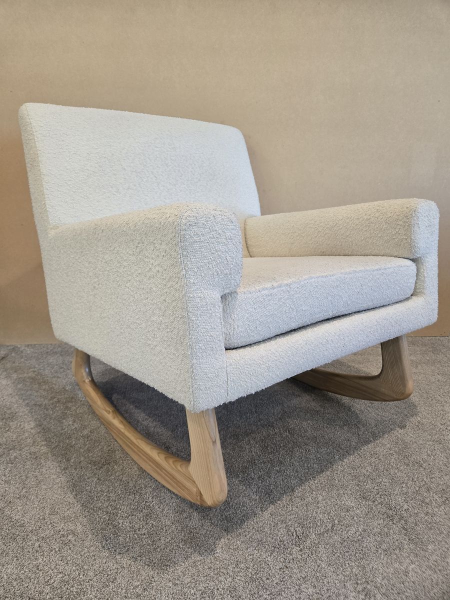 Modern Nursery Nursery Works Sleepytime Rocker in Ivory Boucle with Ash legs.