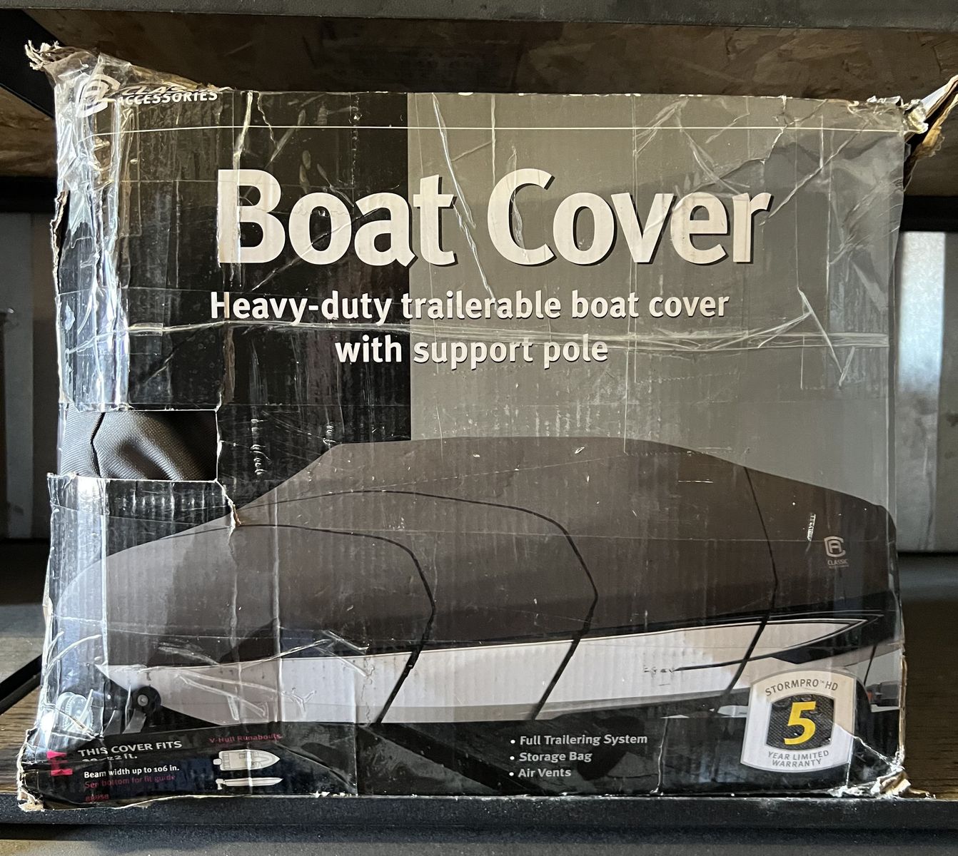 StormPro Heavy-Duty Trailerable Boat Cover Fits 20-22 Ft V-Hull Beam Width 106”