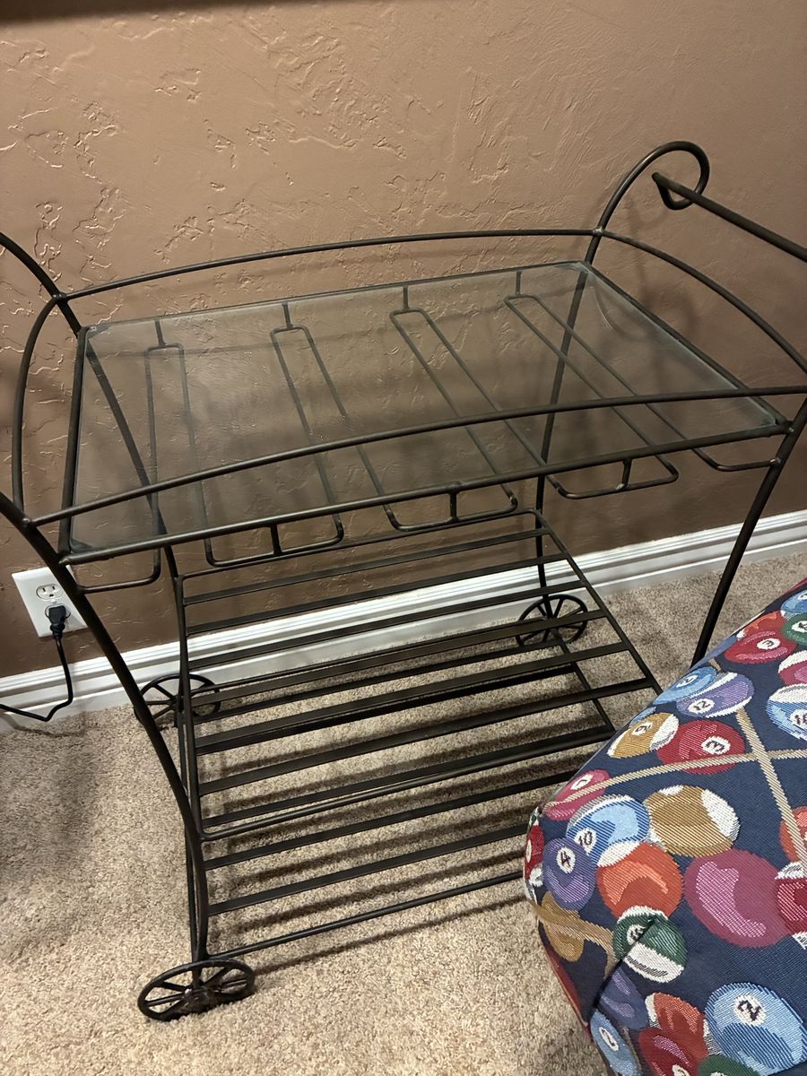 Wrought Iron Rolling Bar Cart with Glass Top & Wine Glass Holders - Elegant & Functional Serving Trolley