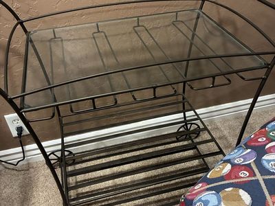 Wrought Iron Rolling Bar Cart with Glass Top & Wine Glass Holders - Elegant & Functional Serving Trolley