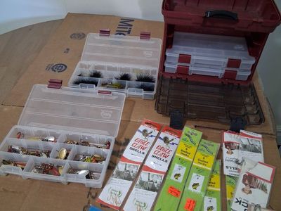 Vintage Fishing Tackle Box w/ Lures, Snell Hooks, and Baitholder Hooks - Eagle Claw & More