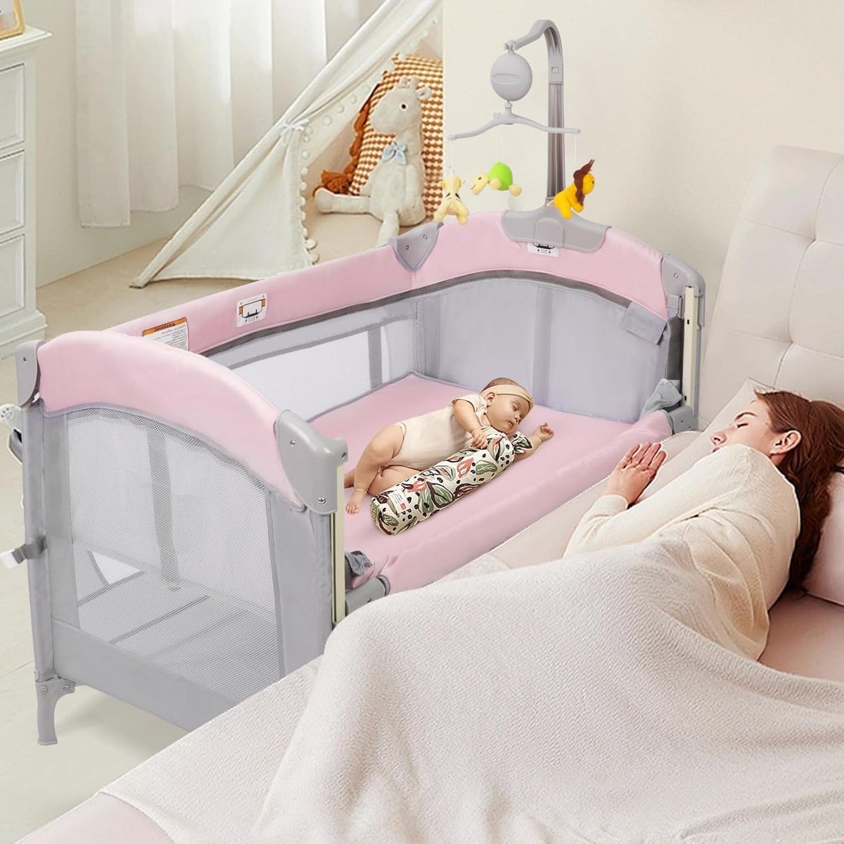 BRAND NEW 5-in-1 Pink Baby Bassinet Bedside Crib, Pack n Play, Foldable Playard, Travel Bed