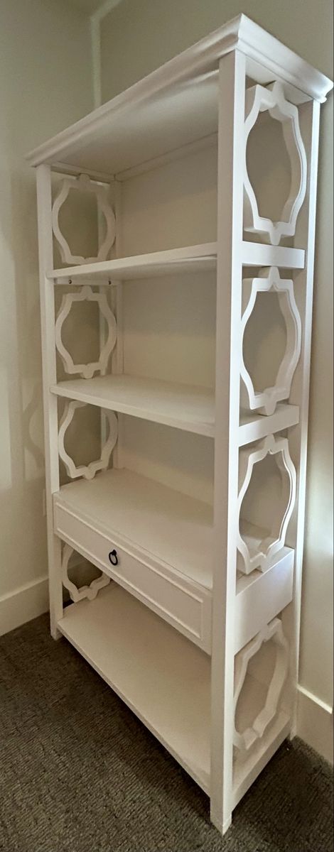 Tall white bookshelf Pottery Barn with drawer