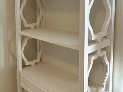 Tall white bookshelf Pottery Barn with drawer