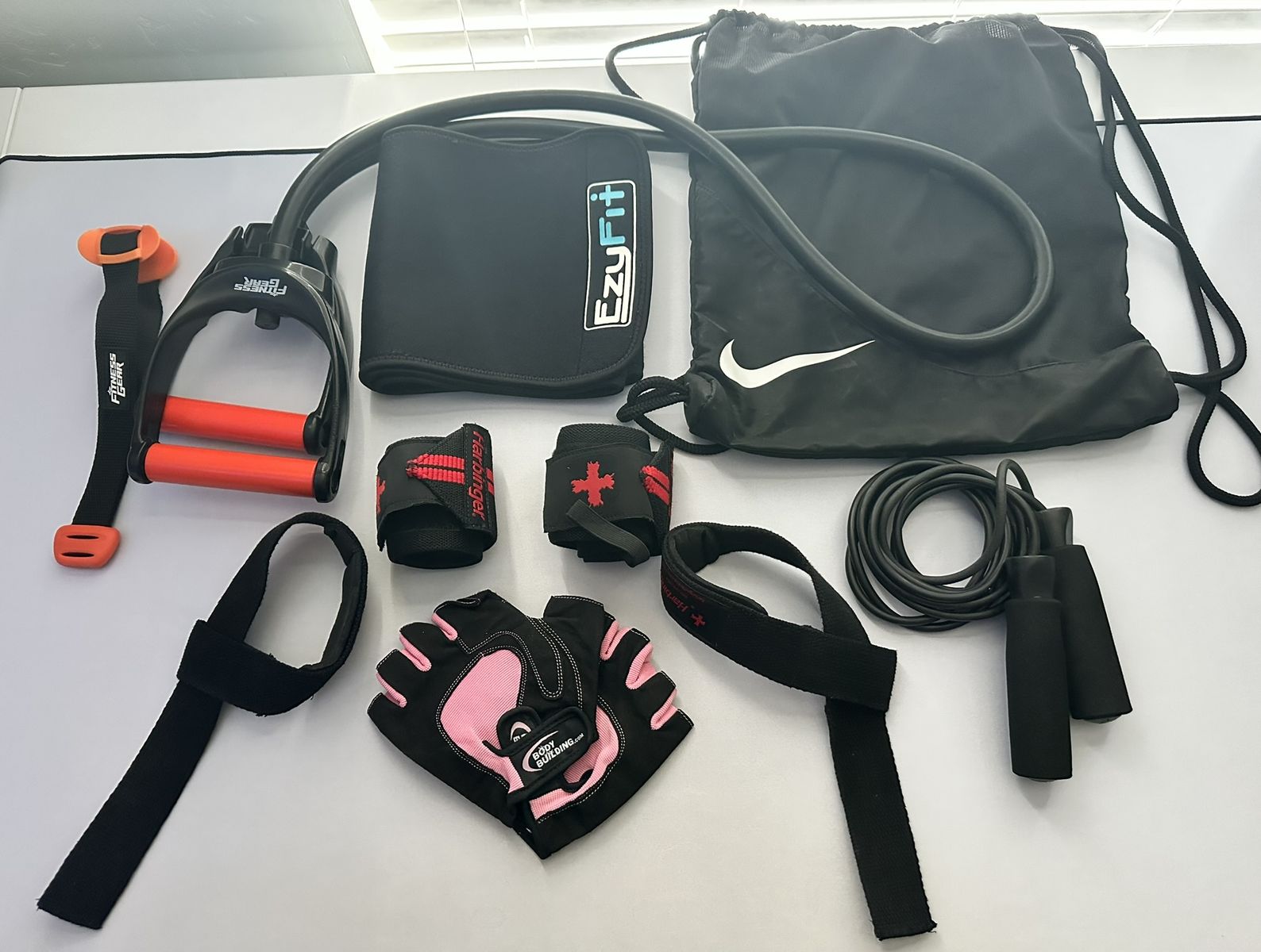 Fitness & Workout Bundle: Harbinger Wrist Wraps & Lifting Straps | Gloves | Resistance Band | Jump Rope | Nike Bag & Accessories