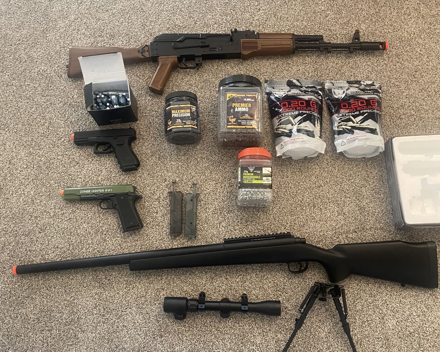Cheap!Airsoft Bundle – Electric AK + Sniper + 2 Pistols + Tons of BBs