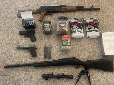 Cheap!Airsoft Bundle – Electric AK + Sniper + 2 Pistols + Tons of BBs