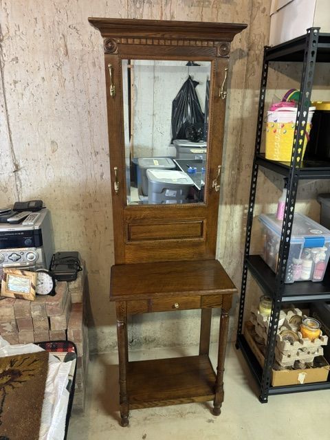 Oak Hall Tree with Mirror and Storage Bench