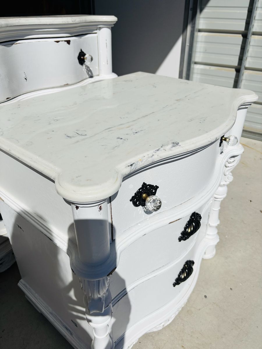 White Distressed French Provincial Nightstand/End Table, Marble Top, 3 Drawers
