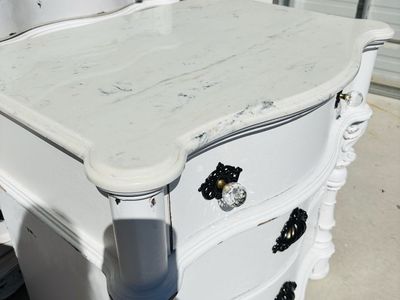 White Distressed French Provincial Nightstand/End Table, Marble Top, 3 Drawers