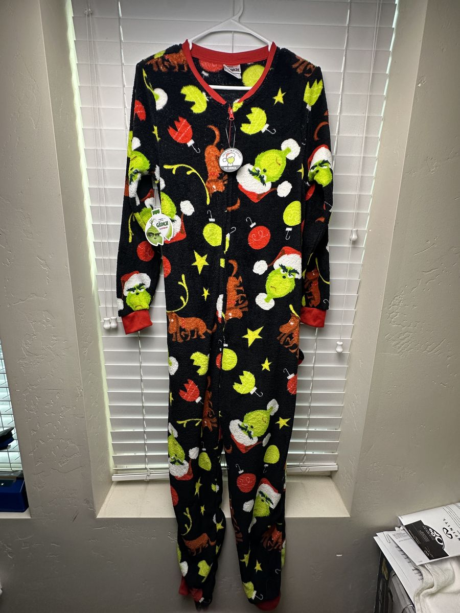 Dr Seuss The Grinch Union Suit Pajamas Womens L 12-14 Drop Seat NWT Christmas