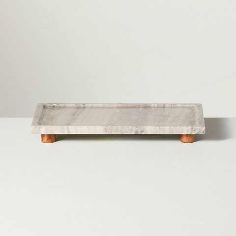 8"x12" Footed Marble Countertop Tray Warm Beige - Hearth & Hand™ with Magnolia: Acacia Wood Base, Rectangular Shape