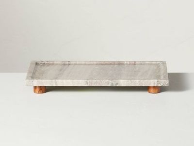 8"x12" Footed Marble Countertop Tray Warm Beige - Hearth & Hand™ with Magnolia: Acacia Wood Base, Rectangular Shape