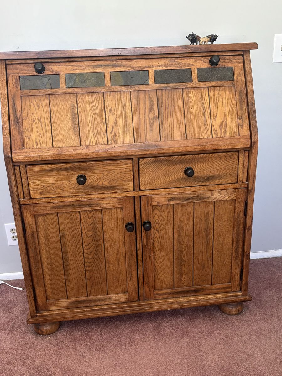Oak Wood Secretary Desk with Slate Accents - Drop-Front, Storage & File Drawer