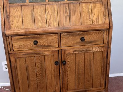 Oak Wood Secretary Desk with Slate Accents - Drop-Front, Storage & File Drawer