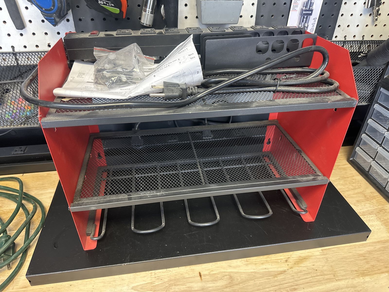 Red & Black Metal Workbench Organizer Shelf with Power Strip and Tool Holders