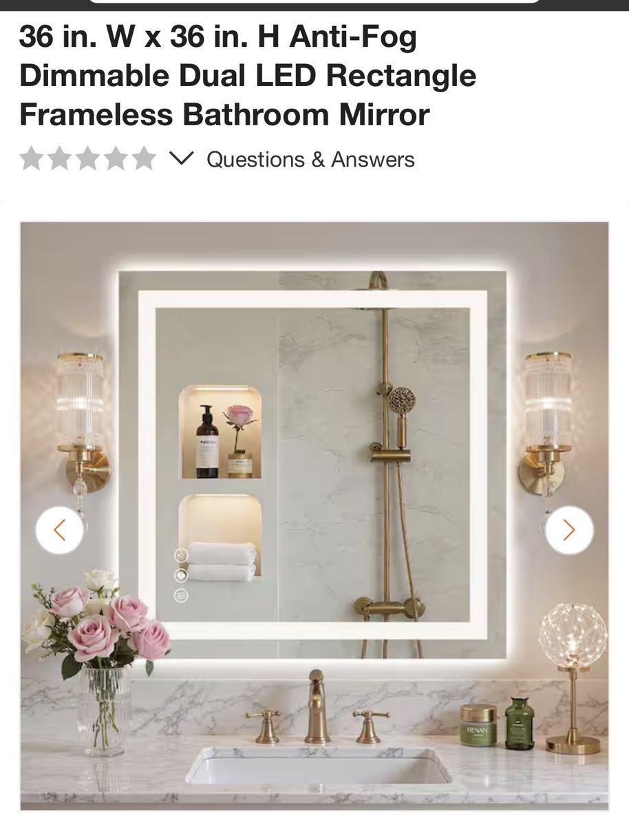36x36 in. Anti-Fog Dimmable Dual LED Frameless Bathroom Mirror