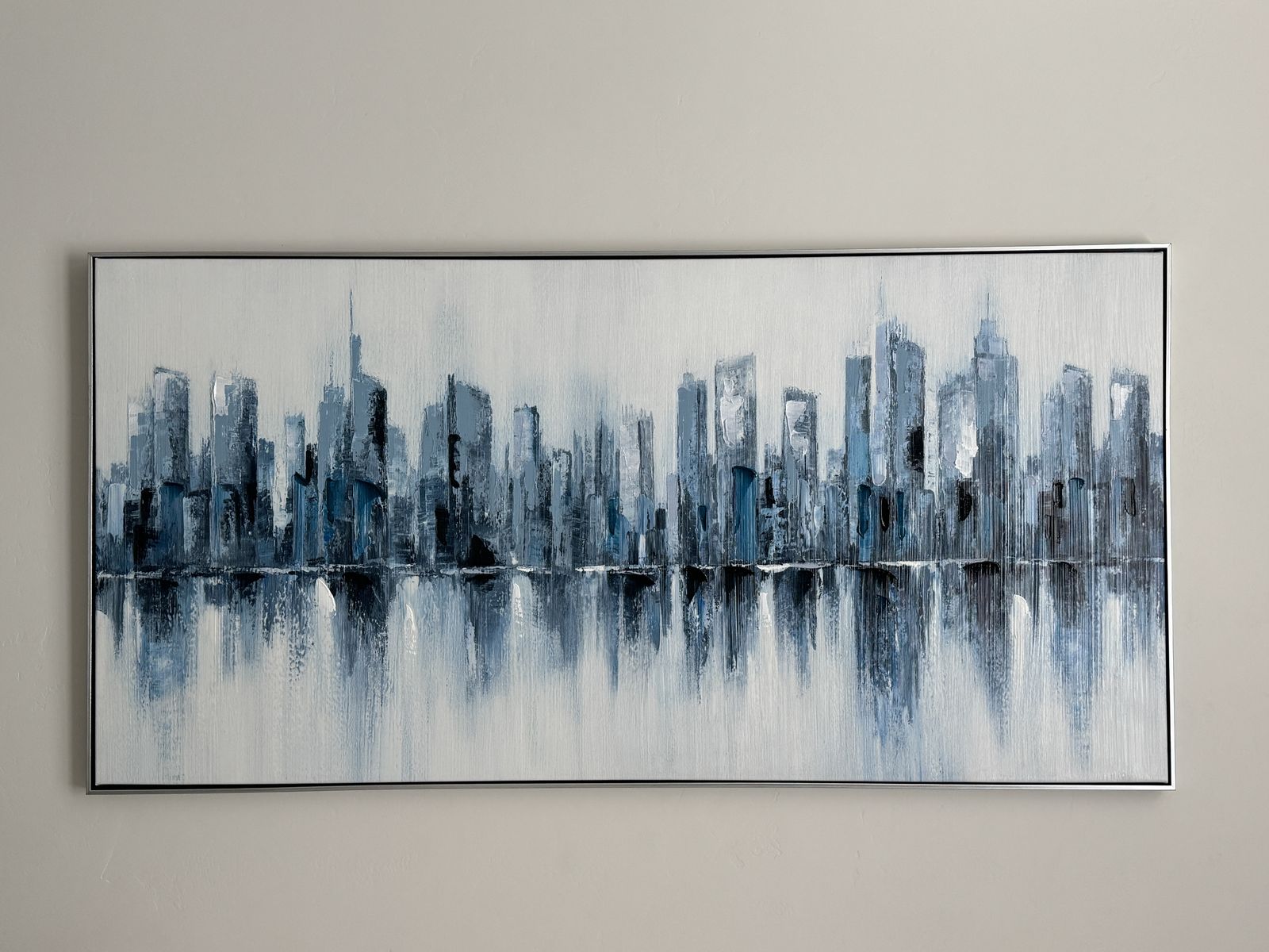 Abstract Blue & Gray Cityscape Skyline Framed Canvas Wall Art - Modern Textured Painting