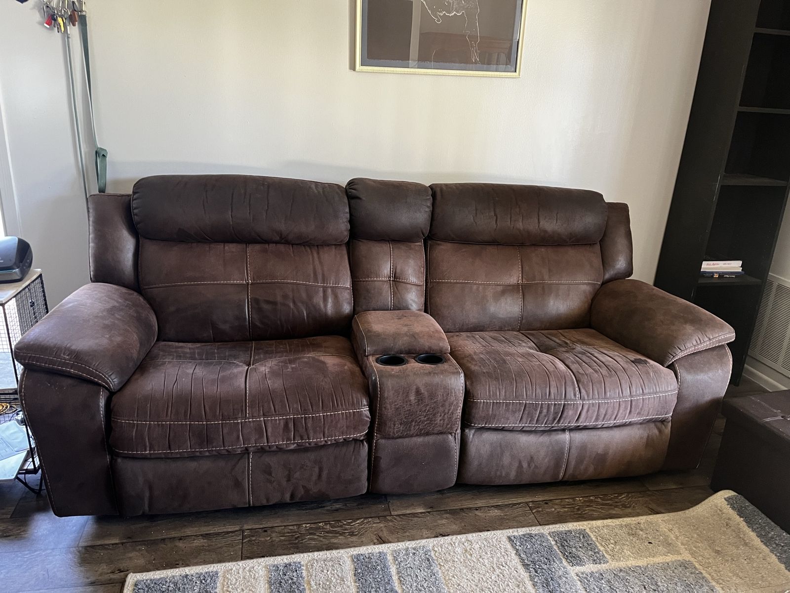 Brown Reclining Loveseat with Center Console and Cupholders - Used