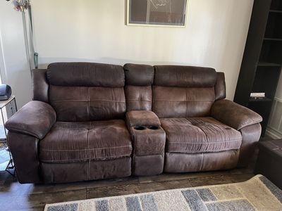 Brown Reclining Loveseat with Center Console and Cupholders - Used