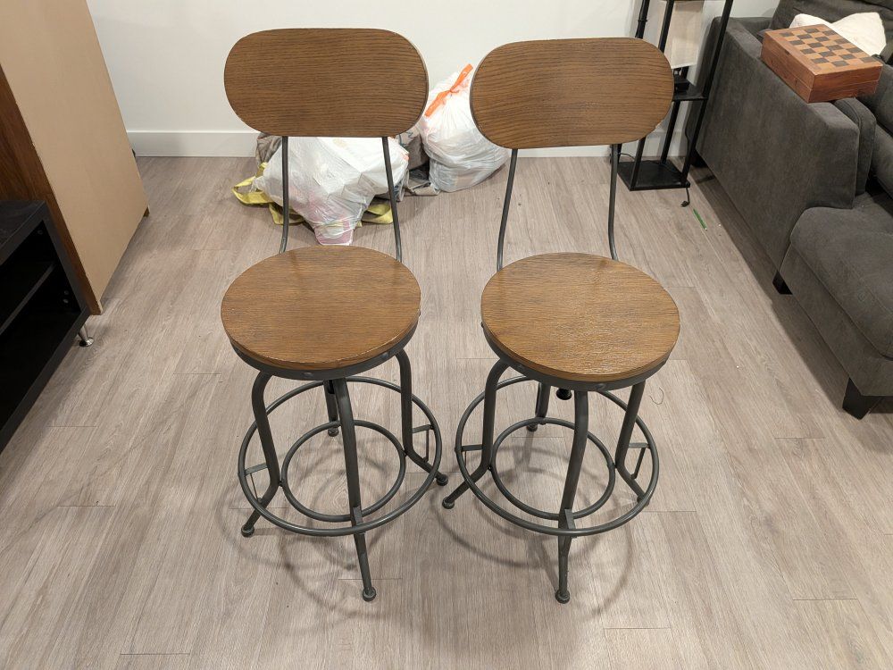 Set of 2 Industrial Metal and Wood Swivel Barstools with Backrests