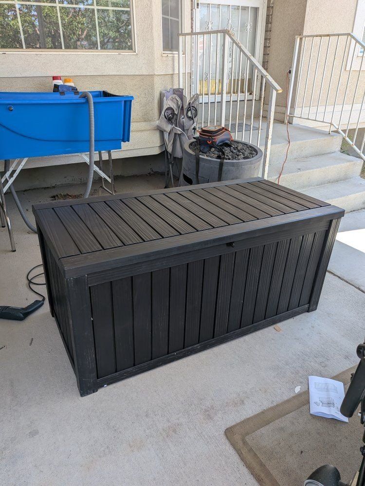 keter Black Resin Outdoor Deck Box Storage Bin with Hydraulic Hinges