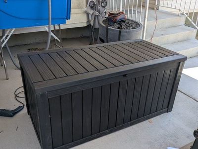 keter Black Resin Outdoor Deck Box Storage Bin with Hydraulic Hinges