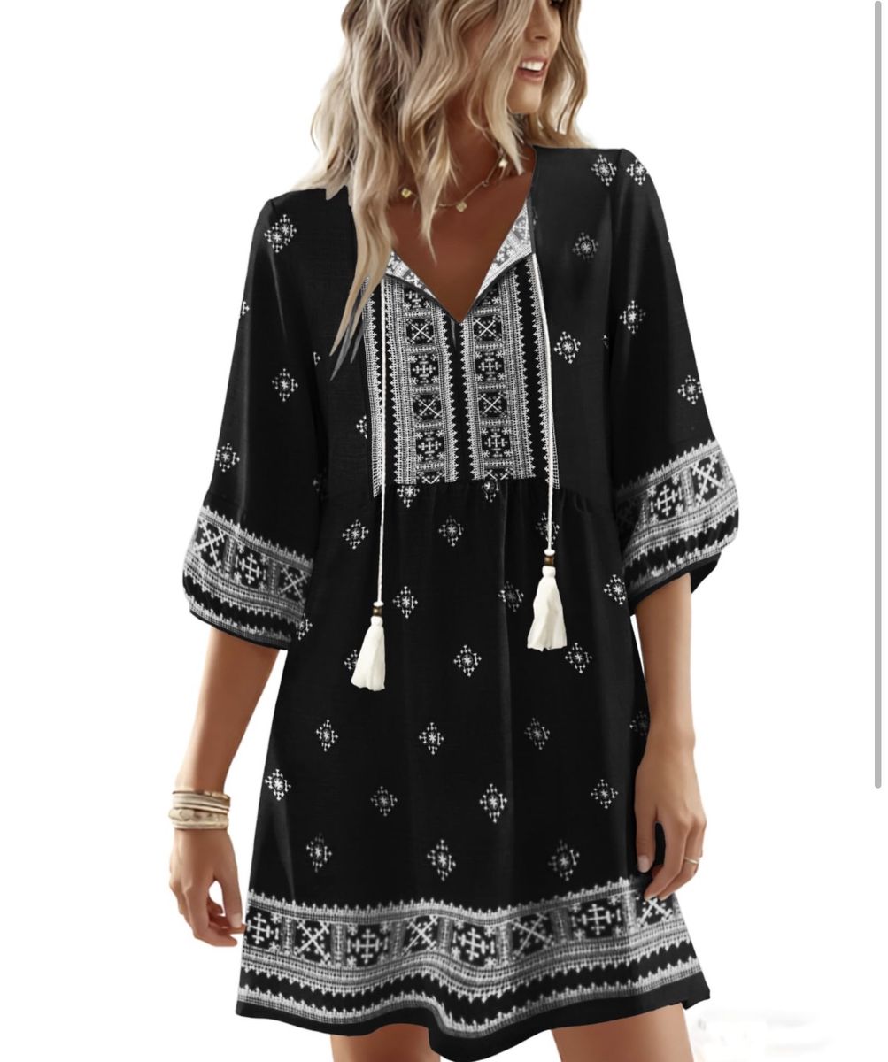 GUNEST Women's Boho Tribal Embroidery Print Mini Sun Dress Black - Size Large