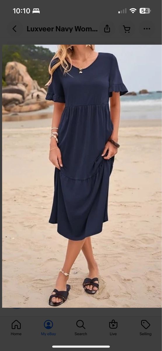 NWT Luxveer Navy Women’s Short Sleeve Tiered Midi Dress Size M 8-10 Maxi Knit