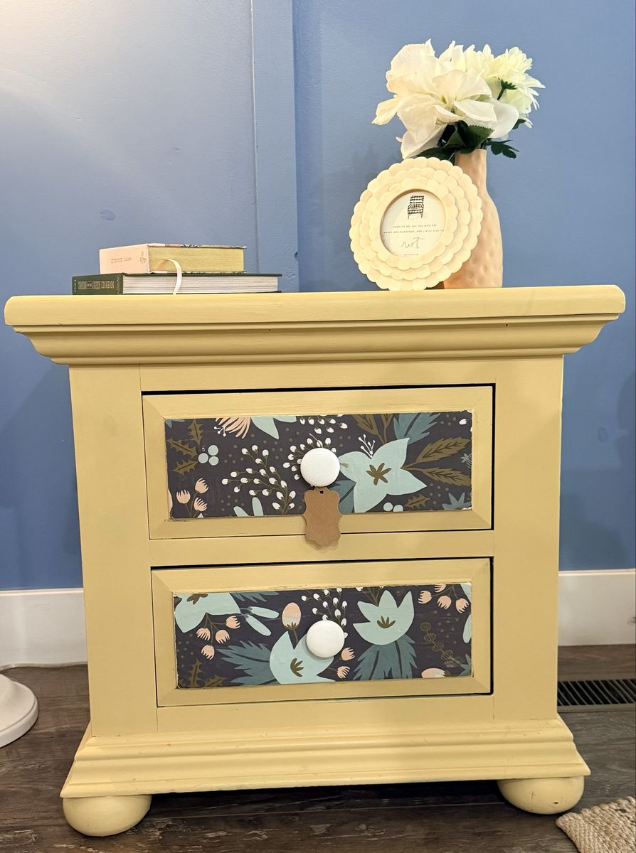 Charming Yellow Solid Wood Nightstand/Side Table with Rifle Paper Co. Accents