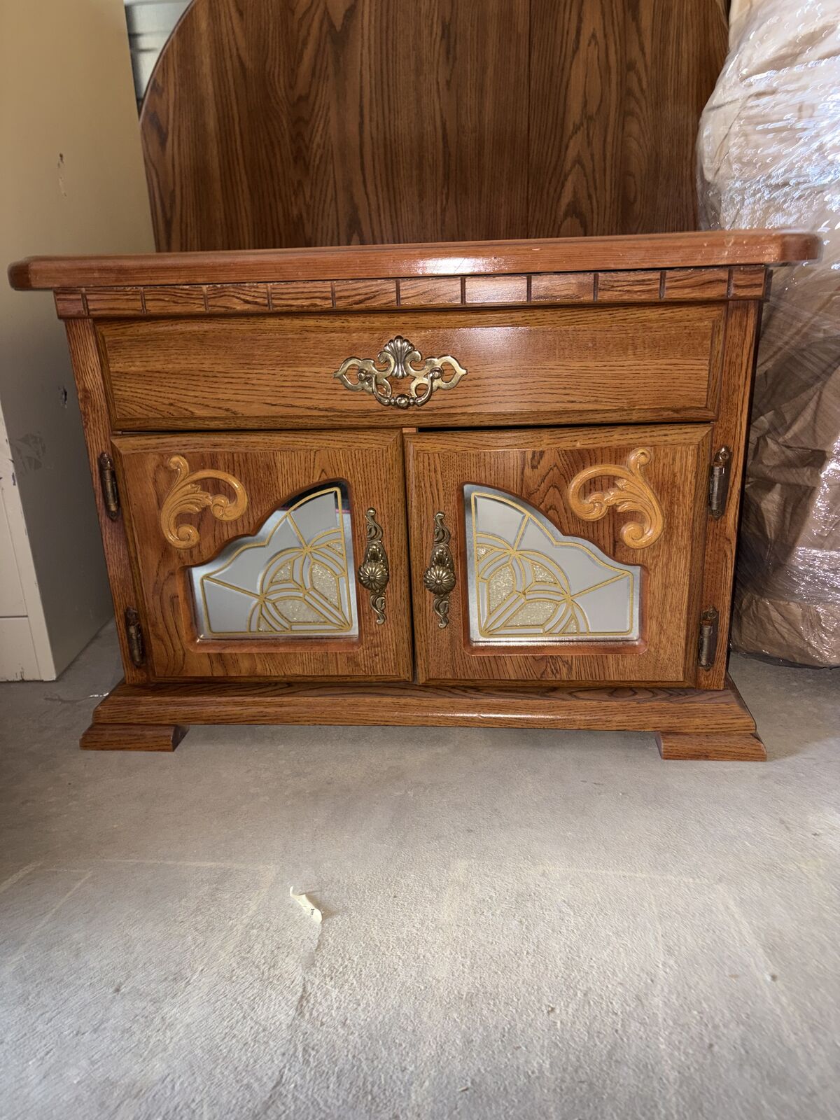 Vintage Nightstand w/ Working Cupboards – Decorative Drawer Front