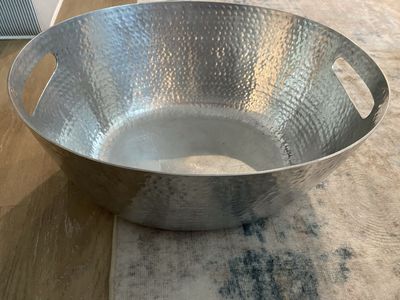 Large Hammered Silver Metal Bowl with Handles - Decorative Centerpiece or Ice Bucket