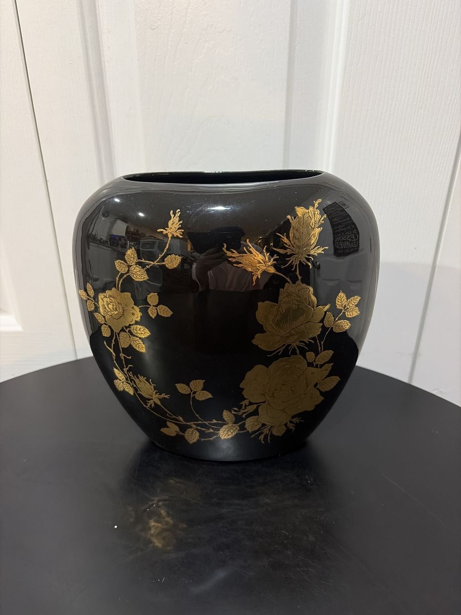 Elegant Black & Gold Floral Vase - Decorative Home Decor Piece
