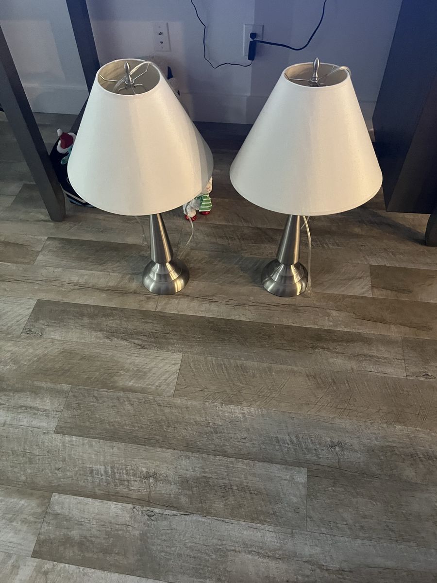 Set of 2 Brushed Nickel Table Lamps with White Cone Shades