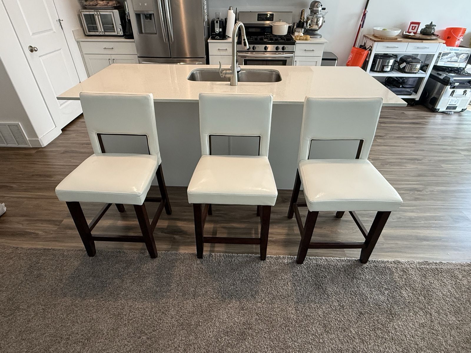 White Faux Leather Bar Stools, Set of 3