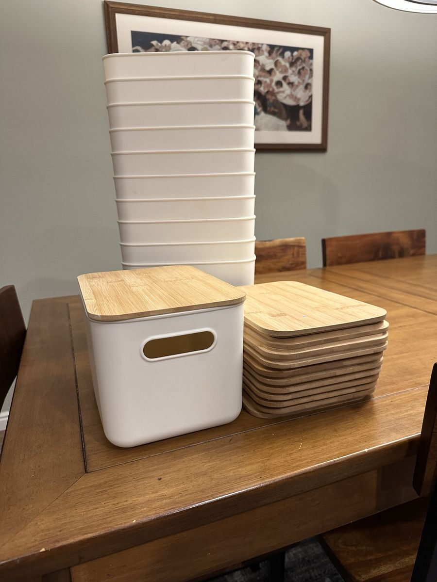 White Plastic Storage Bins with Bamboo Lids