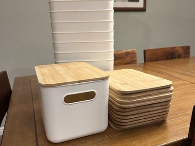 White Plastic Storage Bins with Bamboo Lids