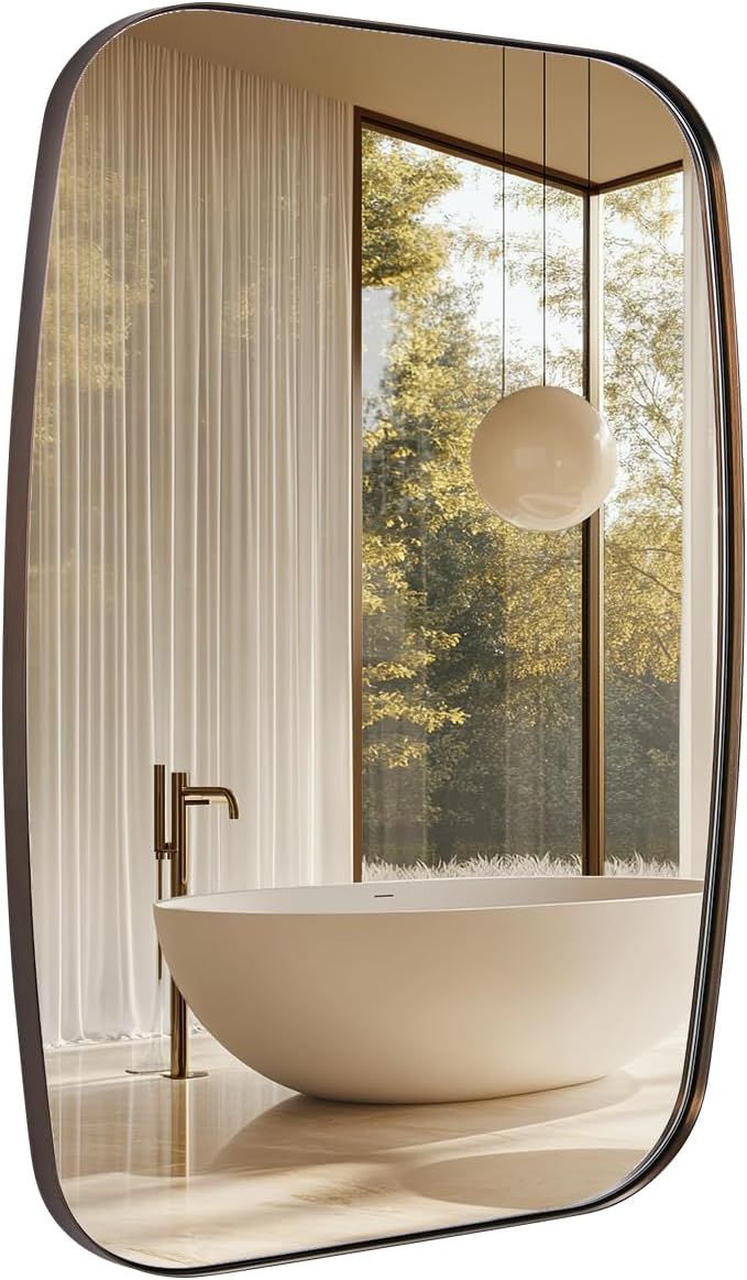 32" x 40" Brushed Bronze Stainless Steel Oblong Oval Mirror for Bathroom/Entryway