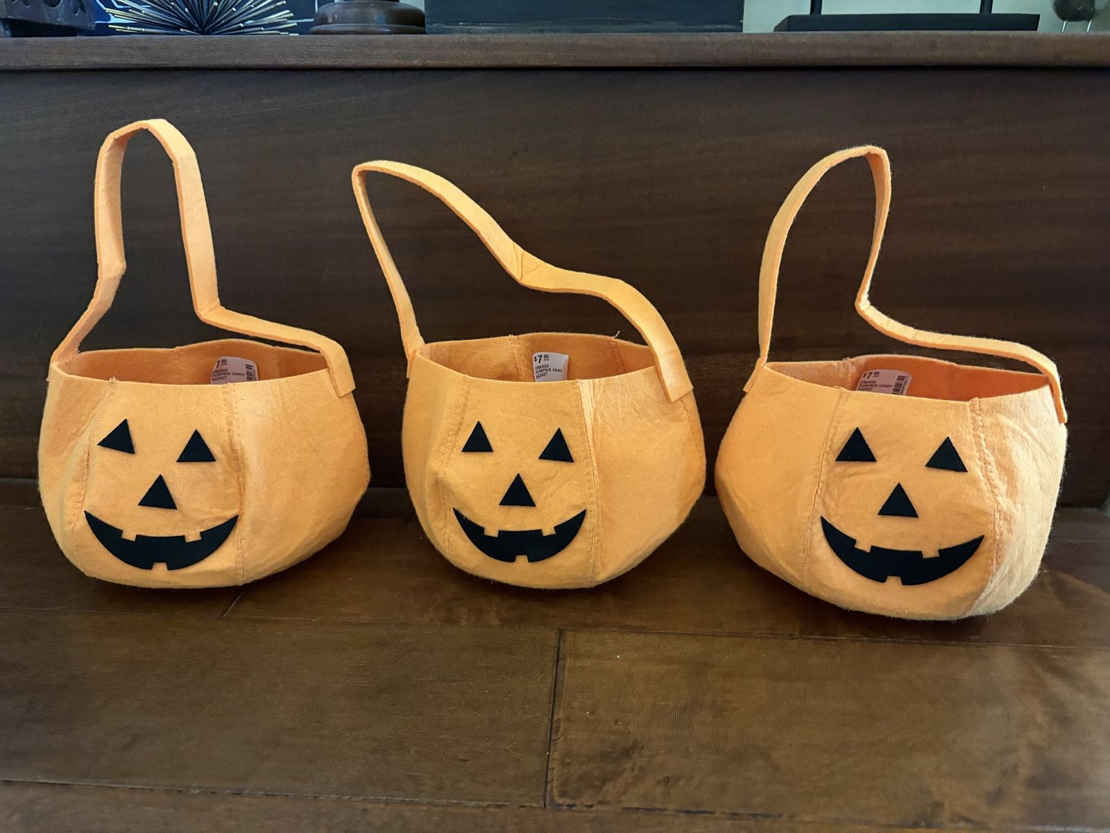 3 New Small Orange Felt Jack-O-Lantern Candy Bags