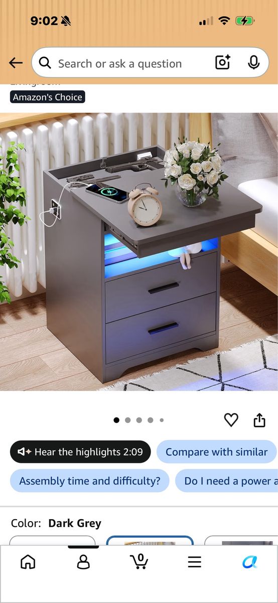 Modern Dark Grey Smart Nightstand Set of 2 with Charging Station & LED Lights