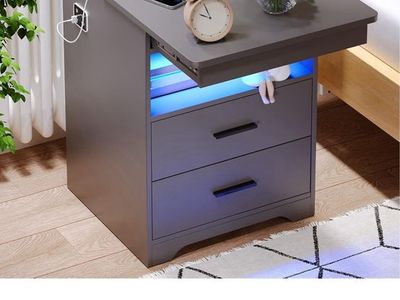 Modern Dark Grey Smart Nightstand Set of 2 with Charging Station & LED Lights