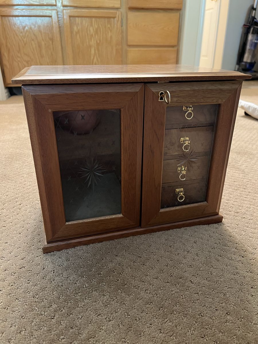 Vintage Wooden Jewelry Chest Box Etched Glass Doors Velvet Lined Locking Storage
