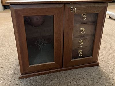 Vintage Wooden Jewelry Chest Box Etched Glass Doors Velvet Lined Locking Storage